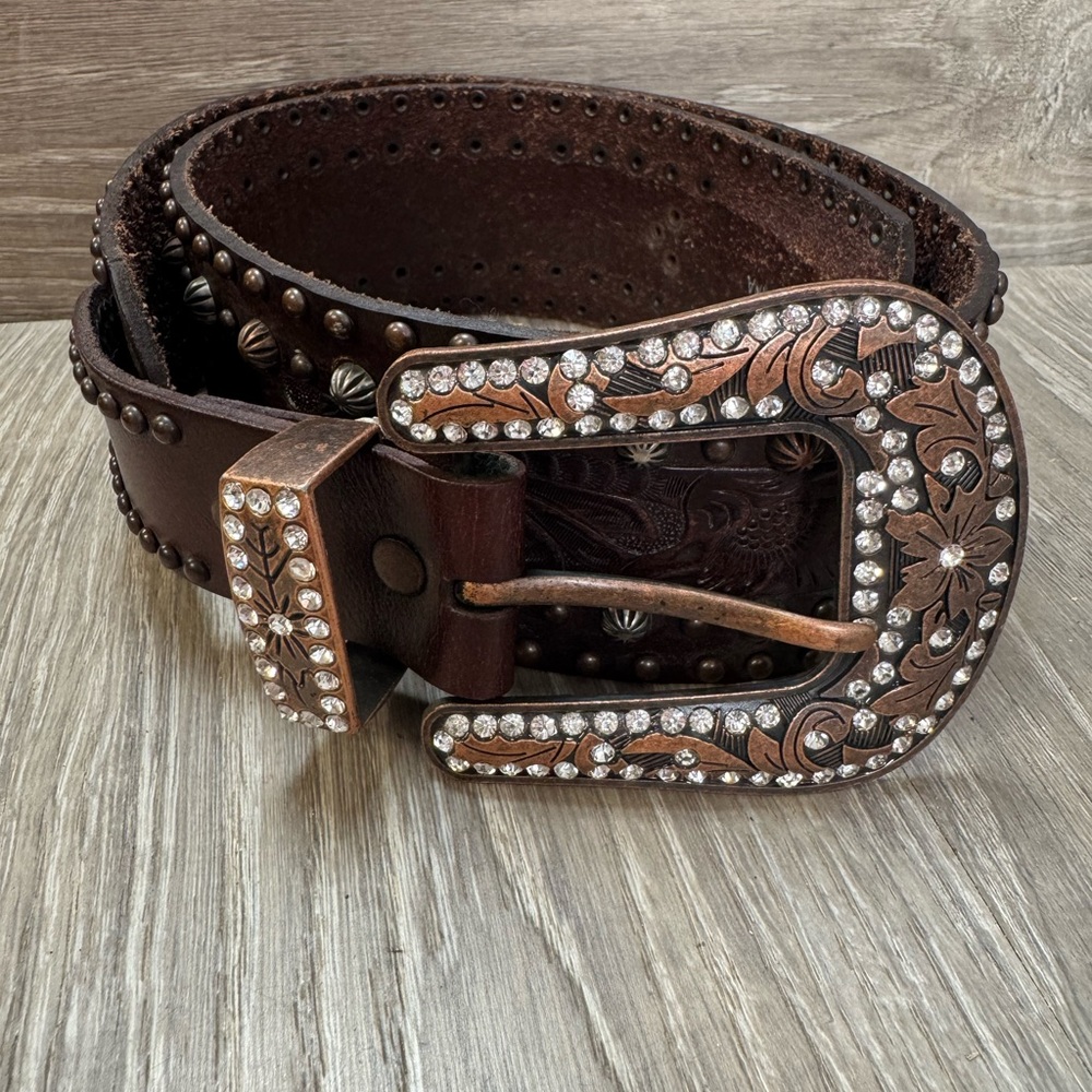 Crystal-Embellished Brown Leather Western Belt